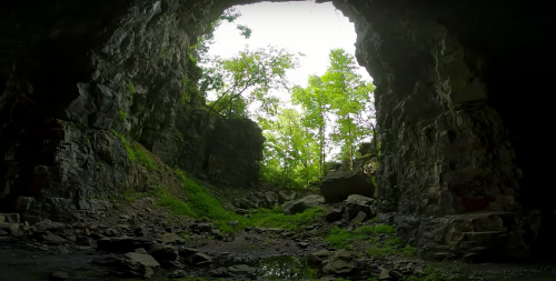 A rocky cave opening with lush green trees and foliage visible in the background, creating a serene natural scene.
