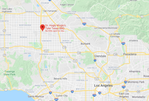Map showing the location of Dr. Hogly Wogly's Tyler Texas BBQ in Los Angeles, near Burbank and Glendale.