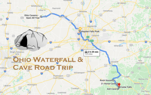 Map showing a road trip route for Ohio Waterfall & Cave, highlighting key locations like Ohio Caverns and Cedar Falls.