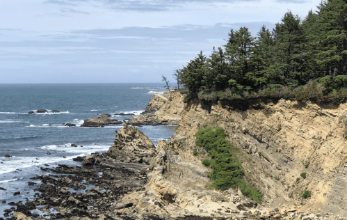 Coastal view featuring rocky cliffs, lush greenery, and waves crashing against the shore under a cloudy sky.