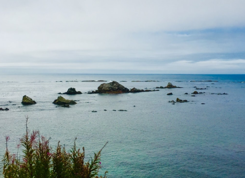 A serene coastal view with rocky formations emerging from calm waters under a cloudy sky.