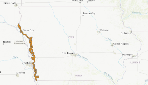 Map showing the border of Nebraska and Iowa, highlighting the Omaha area in brown. Major cities labeled.