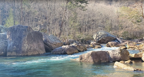 A serene river flows over rocks, surrounded by bare trees and a rocky landscape under clear blue skies.