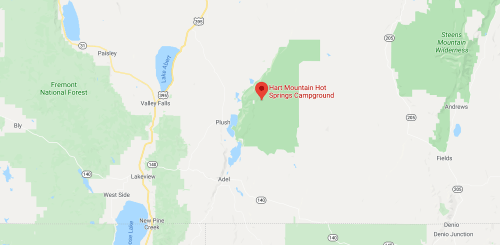 Map showing the location of Hart Mountain Hot Springs Campground in Oregon, surrounded by forests and wilderness areas.