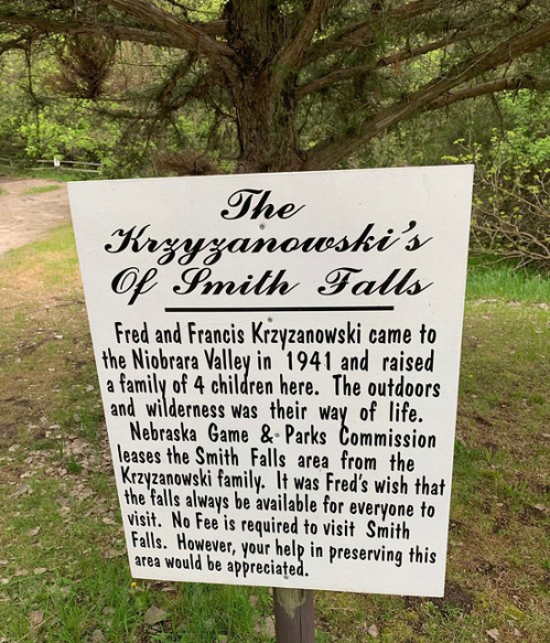 Sign about the Krzyzanowski family, detailing their history in the Niobrara Valley and the Smith Falls area.