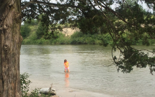 A child in an orange shirt wades in a calm river, surrounded by greenery and trees.