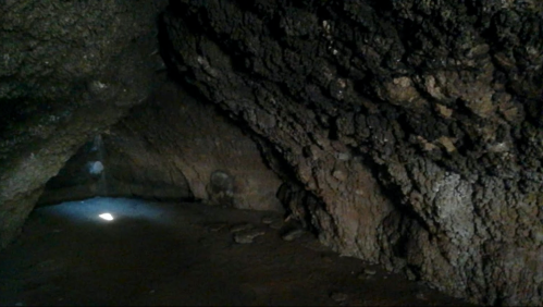 A dimly lit cave interior with rough, textured walls and a small beam of light illuminating the ground.