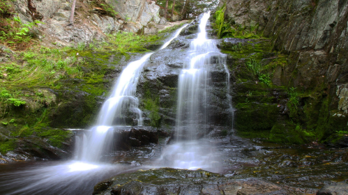 A serene waterfall cascading over moss-covered rocks in a lush, green forest.