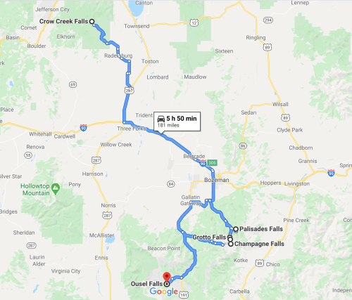 Map showing a route from Ousel Falls to Crow Creek Falls, including stops at Grotto Falls, Palisades Falls, and Champagne Falls.