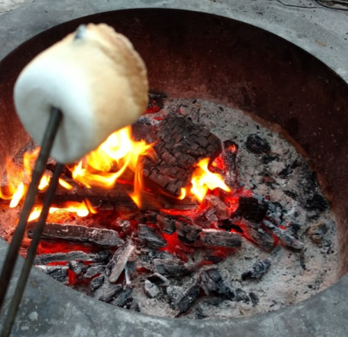 A marshmallow on a stick is being roasted over a glowing fire pit with embers and ashes.