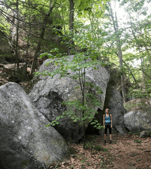 A person stands near large boulders in a lush, green forest, surrounded by trees and rocky terrain.