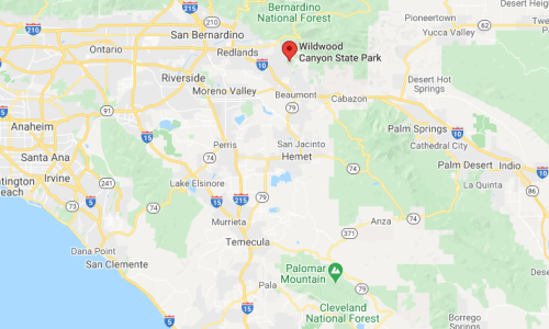 Map showing the location of Wildwood Canyon State Park in California, near San Bernardino and Riverside.