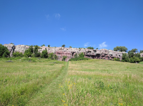 A grassy field leads up to a rocky cliff under a clear blue sky. Green trees dot the cliff's edge.