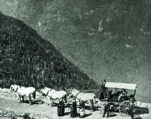 Historic image of a horse-drawn carriage on a mountain road, surrounded by trees and steep terrain.