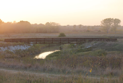 A wooden bridge spans a tranquil stream, surrounded by grassy fields and trees at sunset.