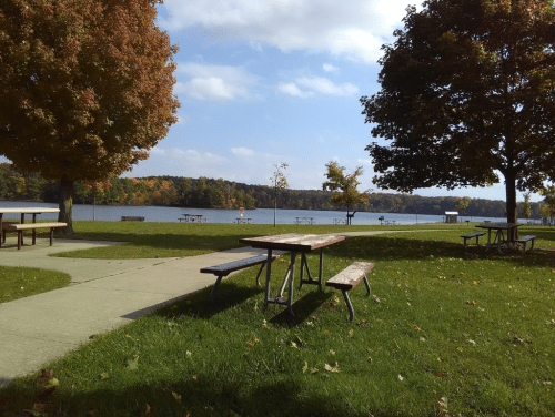A serene park scene with picnic tables, colorful trees, and a lake under a partly cloudy sky.