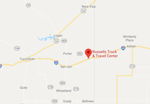 Map showing the location of Russells Truck & Travel Center near San Jon, New Mexico, along Route 40.