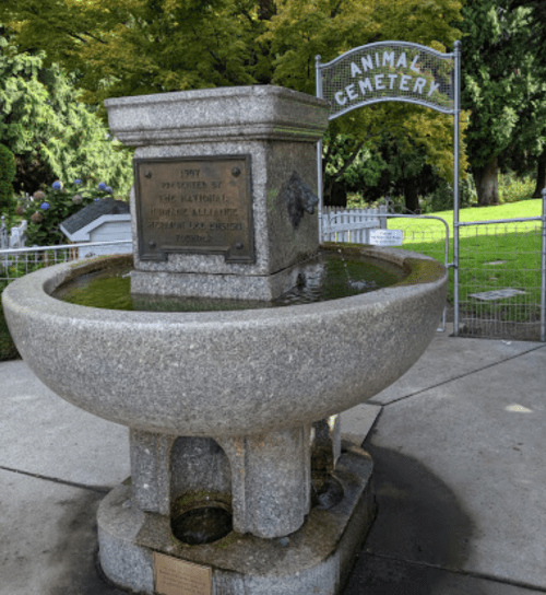 A stone fountain at an animal cemetery, with a sign reading "Animal Cemetery" in the background.