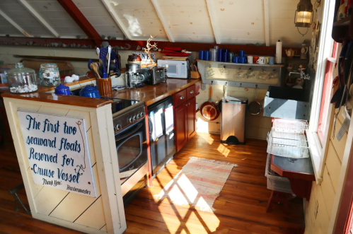 Cozy kitchen with wooden floors, red cabinets, and sunlight streaming through windows, featuring various kitchen appliances.