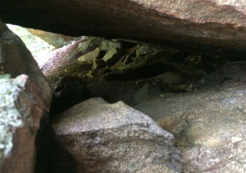 A narrow passage between large rocks, revealing a rocky ground and natural surroundings.