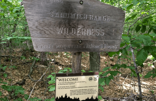 Wooden sign marking the Sandwich Range Wilderness in White Mountain National Forest, with a welcome notice below.