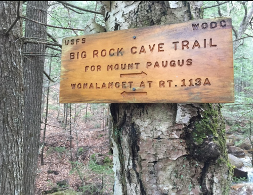Wooden trail sign for Big Rock Cave Trail, directing to Mount Paugus and Wonalancet at Route 113A, surrounded by trees.