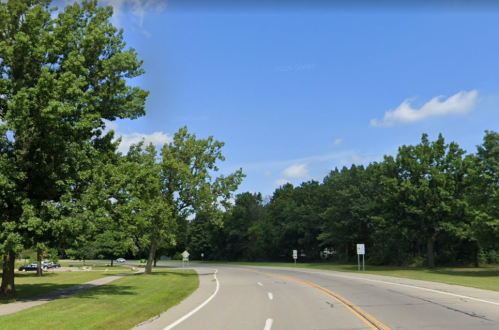 A winding road lined with trees under a clear blue sky, leading into a wooded area.