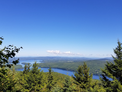 A panoramic view of a lush green landscape with lakes under a clear blue sky and scattered clouds.