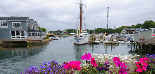 A scenic harbor view with boats, buildings, and colorful flowers in the foreground under a cloudy sky.
