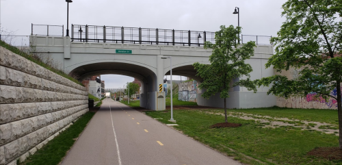 A bike path runs beneath a concrete bridge with graffiti, flanked by greenery and streetlights on a cloudy day.