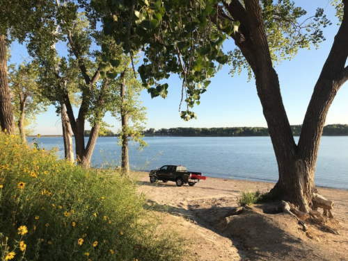 A serene lakeside scene with a truck parked near the water, surrounded by trees and wildflowers.