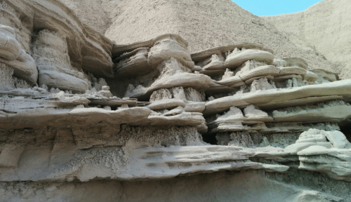 Layered rock formations with unique, mushroom-like shapes in a sandy landscape under a clear blue sky.