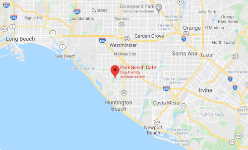 Map showing the location of Park Bench Cafe, a dog-friendly outdoor eatery near Huntington Beach, California.