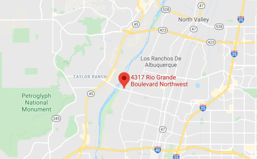 Map showing the location of 4317 Rio Grande Boulevard Northwest in Albuquerque, near Petroglyph National Monument.