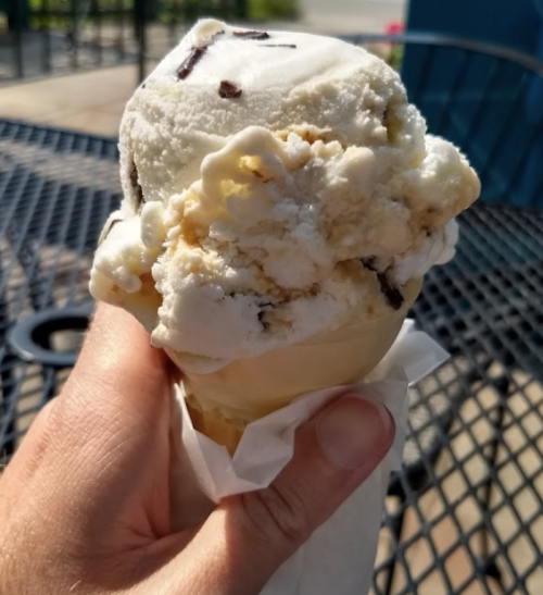 A hand holding a cone of ice cream with chocolate chunks, set against a sunny outdoor background.