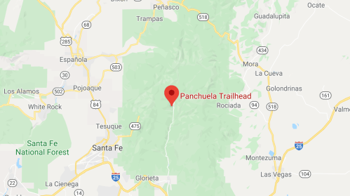 Map showing the location of Panchuela Trailhead in the Santa Fe National Forest, New Mexico.