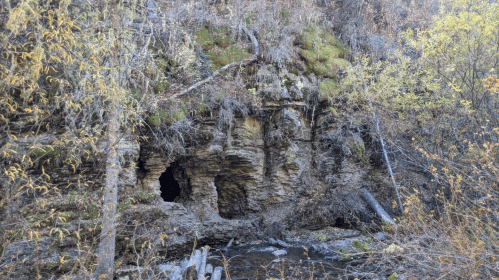 A rocky cliff with a cave entrance, surrounded by trees and autumn foliage near a flowing stream.