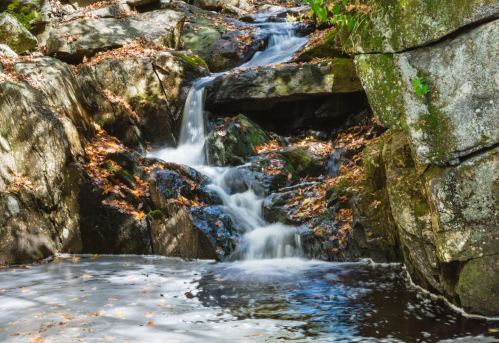 A serene waterfall cascades over rocks, surrounded by autumn leaves and a calm pool of water below.