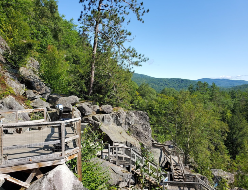 A scenic view of rocky terrain and lush greenery, with a wooden walkway winding through the landscape under a clear blue sky.