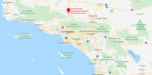 Map of Southern California highlighting Prime Desert Woodland Preserve near Los Angeles, emphasizing natural conservation.