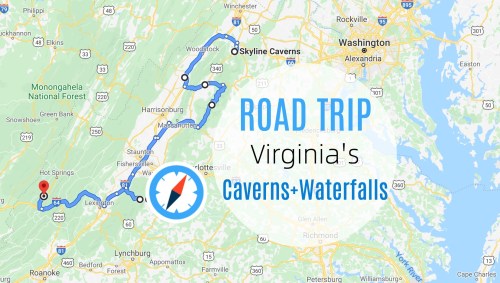 Map highlighting a road trip route through Virginia's caverns and waterfalls, featuring Skyline Caverns.