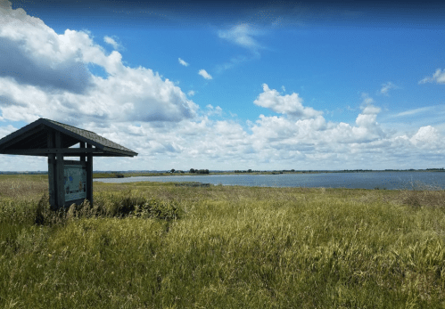 A scenic view of a grassy field with a lake and blue sky, featuring fluffy clouds and a wooden information sign.