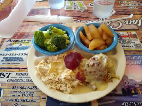 A plate with shredded chicken, a cheesy casserole, broccoli, and apple slices on a colorful restaurant table.