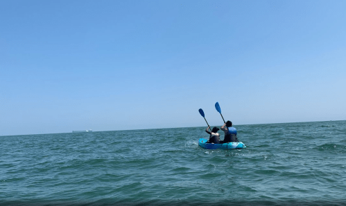 Two people kayak on a calm sea, paddling together under a clear blue sky with a distant ship on the horizon.