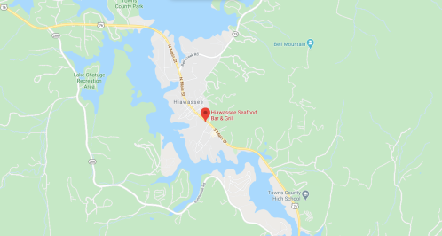 Map showing Hiawassee, Georgia, with a marker for Hiawassee Seafood Bar & Grill and nearby landmarks.