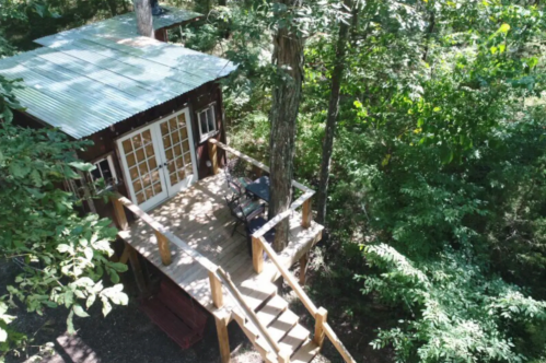 A cozy wooden cabin with a metal roof, surrounded by lush greenery and trees, featuring a deck and stairs.