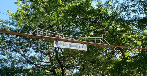 Sign for Nutty Narrows Bridge hanging above a wooden bridge, surrounded by lush green trees.