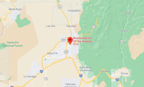 Map showing the location of Rosewood Inn of the Anasazi in Santa Fe, New Mexico, near major roads and landmarks.