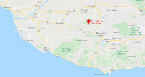 Map showing Arroyo Conejo Open Space near Thousand Oaks, California, with surrounding highways and landmarks.