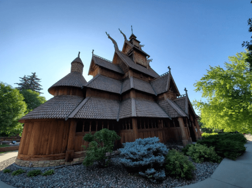 A wooden church with intricate architecture, featuring multiple spires and a sloped roof, surrounded by greenery.